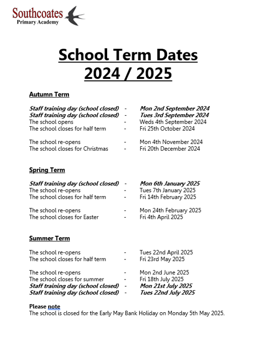 Term Dates Southcoates Primary